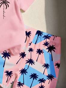 SHEIN Playful Pals 1套男童度假休閒簡約時尚經典椰子樹字母印花圓領T恤與配套短褲套裝，椰子樹圖案拼色印花套裝，適合外出、度假、海灘及其他場合 - 彩色 - 查看 5