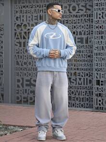 Devon Thys Men's Loose Knit Long Sleeve Pullover Sweatshirt, For Fall Winter - Baby Blue - View 6