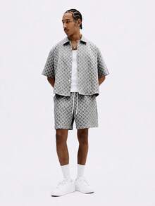 SUMWON 灰色菱格纹两件套短袖衬衫短裤夏季休闲家居服 - 淺灰色 - 查看 7