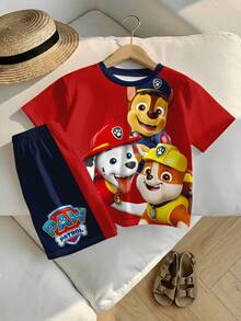 SHEIN | PAW Patrol 小男孩休閒簡約風，寬鬆舒適，經典可愛卡通動畫圖案印花，可愛小狗圓領短袖T恤與短褲2件組，適合春夏季 - 彩色 - 查看 4