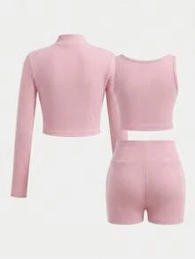 SHEIN 女童春夏秋薄款舒適立領拉鍊長袖開襟衫、方領短版背心、鬆緊腰修身短褲3件套 - 粉色 - 查看 4