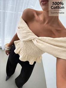 Siren Gaze Women's Linen Off-Shoulder Fitted Blouse, Off-Shoulder Shawl Style Top With Ruched Chest And Flounce Hem, Casual Vacation And Outing Cotton Shirt - Apricot - View 4