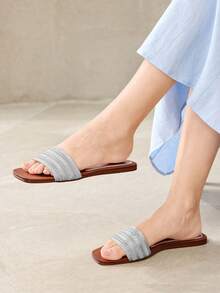 MOTF SANDALIA PLANA DE DAMA COLOR CHAMPAGNE CASUAL MODA PARA DESPLAZAMIENTO Y VACACIONES TEJIDA CON PUNTA ABIERTA ZAPATOS DE VERANO - Plateado - Ver 4