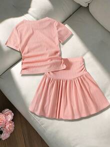 Elladie kids 2件組少女夏季新款極簡甜美風粉色親膚彈性羅紋圓領側抓褶T恤與A字百褶裙套裝，適合週末出遊、旅行度假、日常上學、海灘玩耍、慶祝活動，夏季服飾 - 粉色 - 查看 2