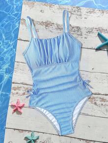 SHEIN Tween Girl Blue & White Striped Print Ruched Bust One-Piece Swimsuit - Blue and White - View 4