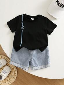 SHEIN 男女嬰兒/男嬰 2件組 春夏休閒可愛黑色T恤上衣與牛仔短褲套裝，男嬰套裝，男嬰夏季服裝，柔軟，街頭風，牛仔，牛仔褲 - 霧霾藍 - 查看 5