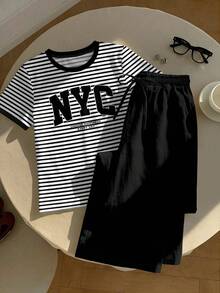 Comfortcana Women's Casual Set, Striped Print Top And Striped Pants, Vacation Outfit Plus Size 2-Piece Set - Multicolor - View 3
