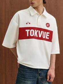 TOKVUE 男士學院風紅白拼色寬鬆字母印花休閒短袖 Polo 衫，儀式適用 - 紅白色 - 查看 6