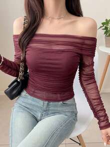 Joudiya Women's Elastic Mesh Sheer Off Shoulder Top, Spring/Summer Long Sleeve Women Tops Going Out Tops Women - Burgundy - View 6
