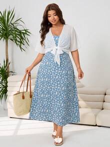 Solflare Women's Plus Size Set Sheer Summer Protection Top And Spaghetti Strap Floral Dress Wedding Guest All White Blue And White Boho Casual Formal - Multicolor - View 3
