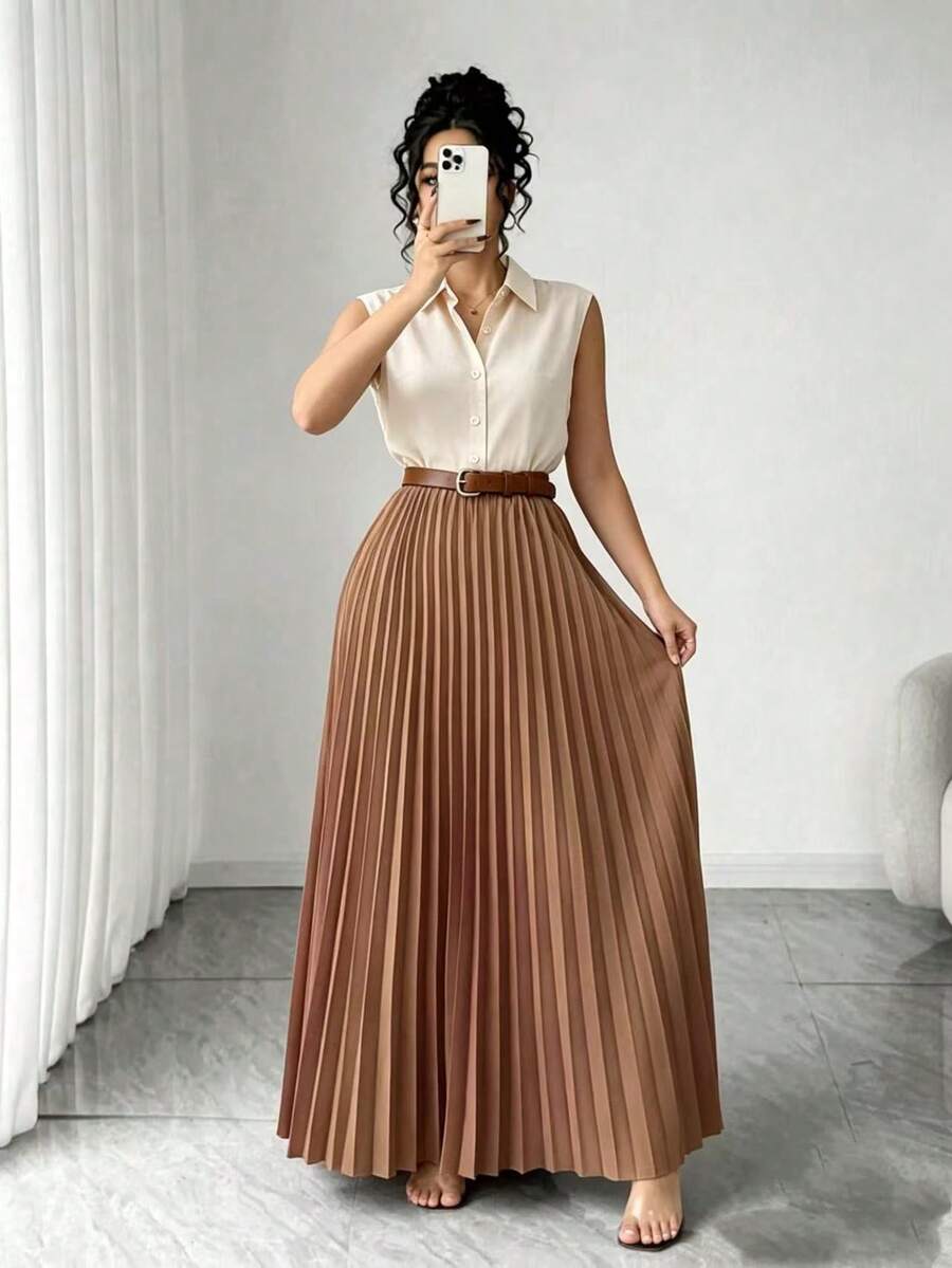 Elenzga Plus Size Women Solid Color Top And Pleated Skirt Casual Daily Outfit Set - Brown - View 1