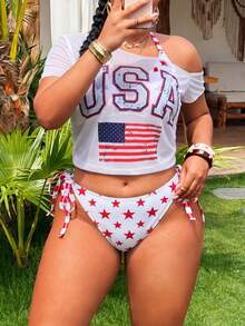 Swim Vcay 2026 Spring/Summer New Plus Size Swimsuit Set Mesh Positioning Print Star Stripe Pattern Women's 3-Piece Swimwear - Multicolor - View 4