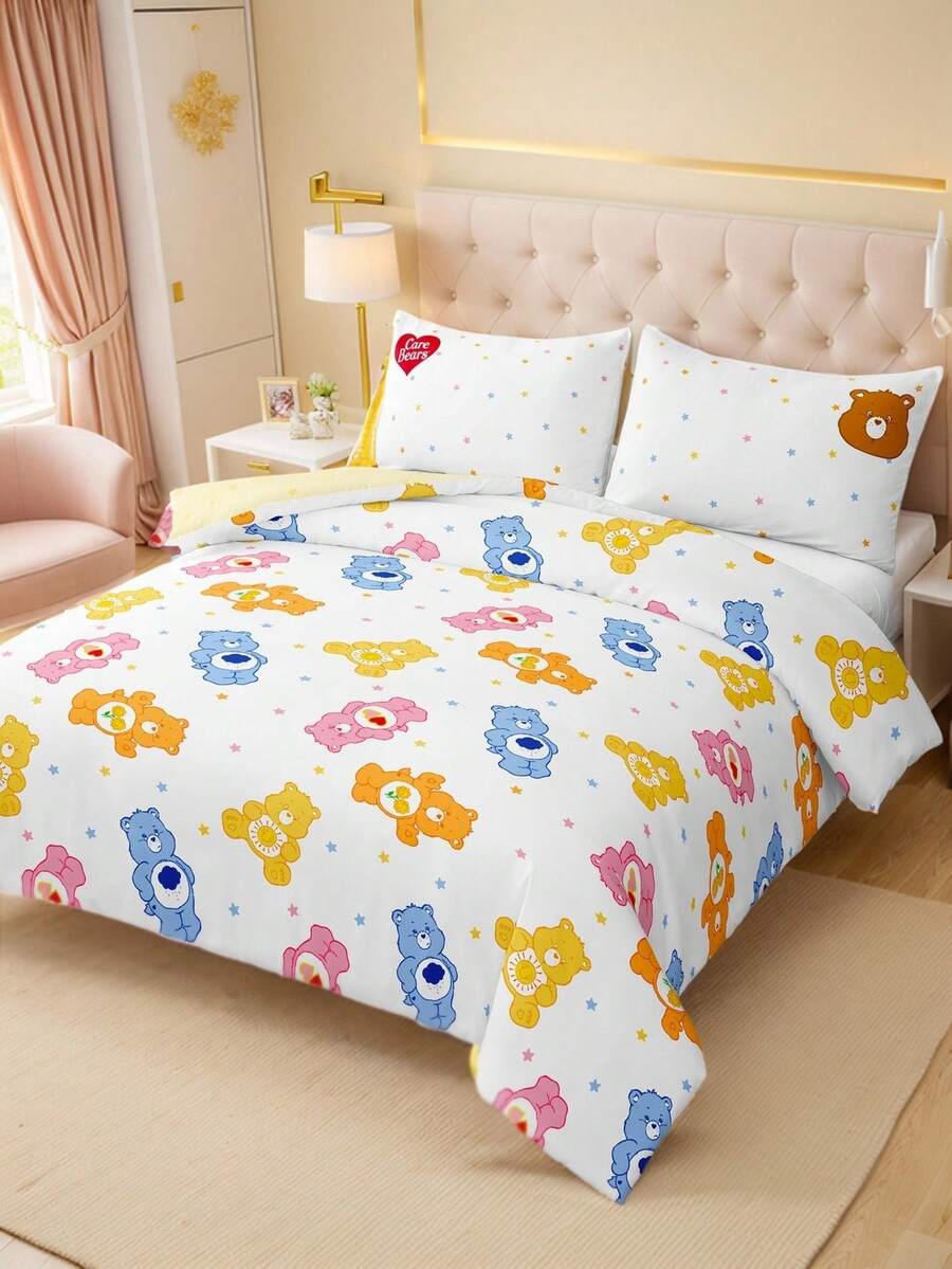 SHEIN X Care Bears 三件套动物卡通印花被套,光滑面料,柔软保暖,蓝色被套,双面图案,多种尺寸可选,适用于单人床/双人床/特大床,精美礼品。 - 黃色 - 查看 1