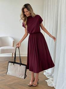 SHEIN LUNE Lässiges Damenkleid mit Stehkragen und niedriger Taille - Bordeaux - Übersicht 3