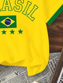 SHEIN [1件]青少年男孩巴西風黃綠配色 BRASIL 印花短袖T恤，休閒運動風，適合夏季/春秋 - 彩色 - 查看 6
