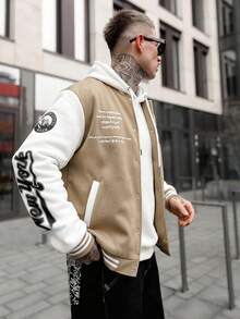 Artur Kramer Men Long Sleeve Slogan Graphic Two Tone Varsity Jacket, For Fall - Multicolor - View 5