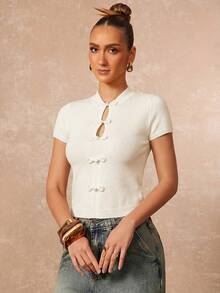 Lumalex Ivory Knit Crop Top With Mandarin Collar Short Sleeves Frog Knot Buttons Front Keyhole Cutouts Ribbed Cuffs Luxury Top Outfits For Parties Dates Daily - Apricot - View 12