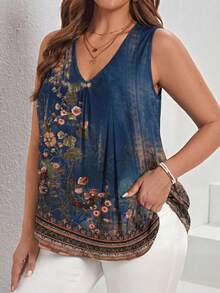 SHEIN LUNE Plus Size Women's Floral Print V-Neck Casual Tank Top For Vacation - Multicolor - View 3