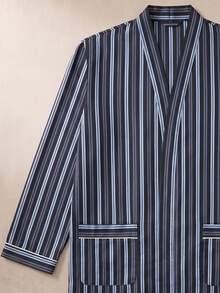 EverLounge Men's Spring/Autumn Colorblock Striped Print Patchwork Pocket Long Sleeve Robe With Belt - Multicolor - View 3