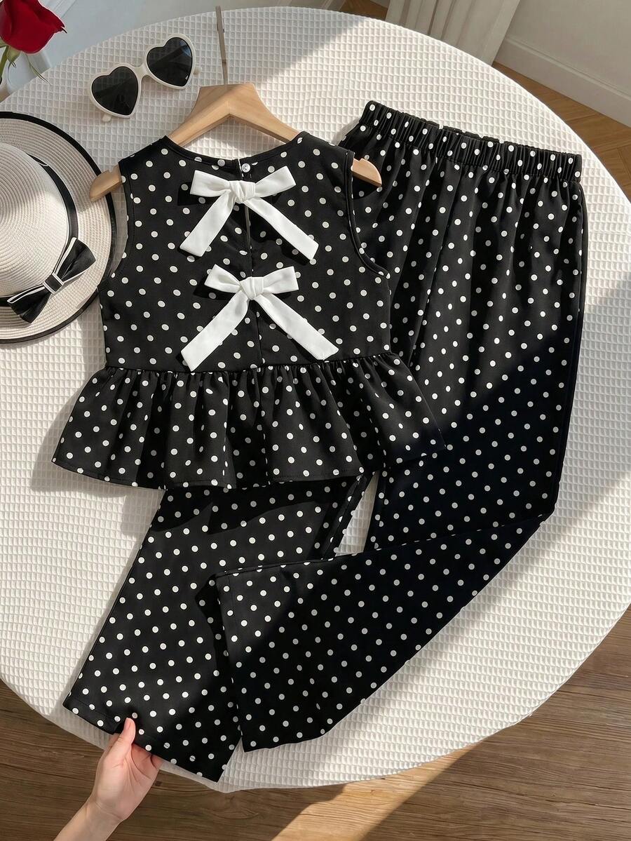 SHEIN 2件組 青少女圓點無袖上衣 & 寬鬆休閒長褲套裝 - 彩色 - 查看 1