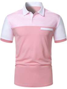 Manfinity Homme 男士商務條紋半開襟鈕扣短袖 Polo 衫，儀式穿著 - 彩色 - 查看 4
