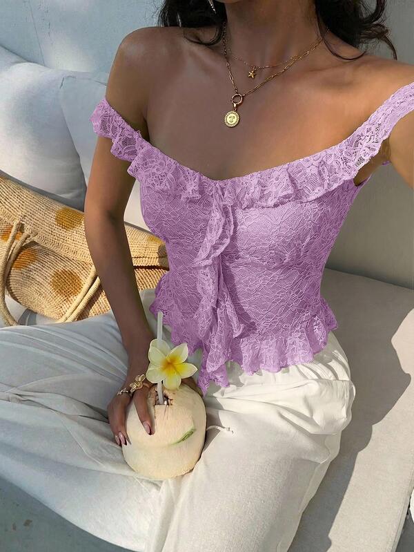 Aloruh Women's Lace Ruffle Sexy Versatile Daily Outing Top