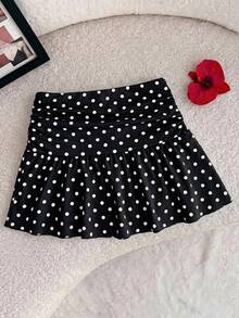Tween Girls Knit Casual Vacation Home Versatile Hollow Texture Ruched A-Line Low Waist Mini Skirt, Suitable For All Seasons - Black - View 4