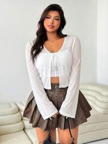 Solflare Cardigan Wanita Ukuran Besar untuk Musim Semi/Panas, Kasual, Liburan, Perjalanan Sehari-hari, Minimalis, Serbaguna, Warna Polos, Ikat Depan, Pendek, Semi-Transparan, Musim Gugur - Putih - View 2