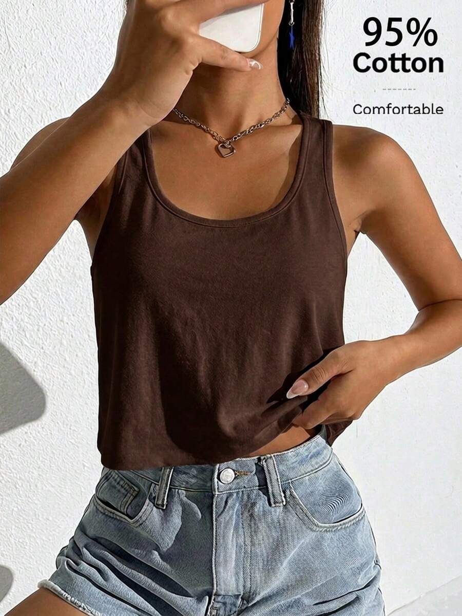 SHEIN EZwear 女款休閒棕色大U領寬鬆短版背心,適合夏季 - 棕色 - 查看 1