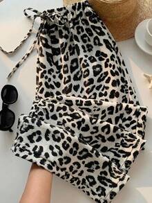 SHEIN EZwear Plus Size Women Casual Leopard Print Drawstring Waist Loose Wide Leg Pants, Suitable For Vacation, Street Fashion, Daily Commute - Multicolor - View 4