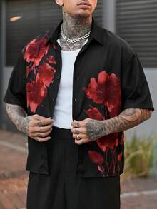 Devon Thys Men's Casual Floral Print Front Button Short Sleeve Shirt, Summer - Black - View 4