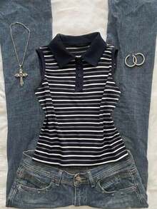 Attitoon Women's Striped Polo Collar Casual Versatile Tank Top - Royal Blue - View 7