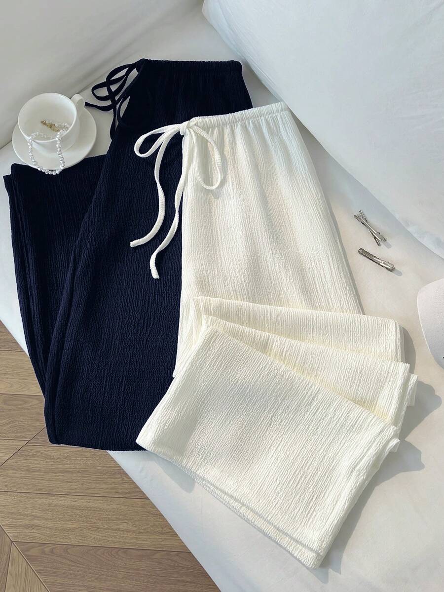 SHEIN Unity 夏季新款經典黑白配色，簡約休閒通勤風，百搭法式時尚寬鬆直筒女版長褲 - 藍白色 - 查看 1
