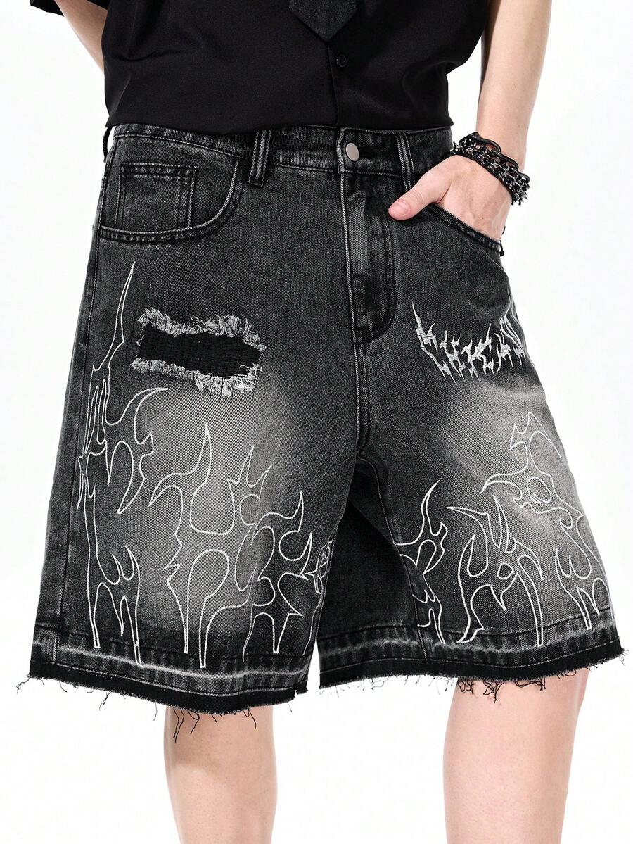 ROMWE MEN Street Life Men's Gothic Embroidered Shorts, Suitable For Spring And Summer Everyday Wear - Black - View 1