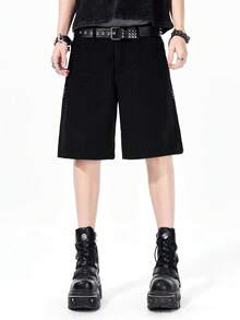 ROMWE MEN Men's Denim Embroidered Shorts, Suitable For Spring And Summer Everyday Wear - Black - View 6