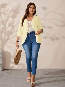 SHEIN PETITE CURVE Chaqueta casual versátil de unicolor talla grande - Amarillo claro - Ver 7