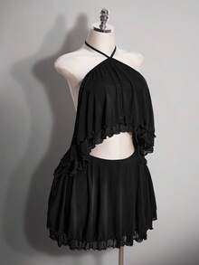 SHEIN ICON Women's Plus Size Summer Retro Sexy Millennial Style Y2K Fashion Casual Modern Urban Bold Avant-Garde Ball Party Black Ruffle Hollow Neck Mesh Dress - Black - View 5