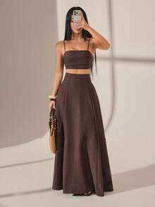 SHEIN PETITE 女款2件套夏季新品，音樂節、復活節、聖帕特里克節、西部風、遊牧風、生日派對、畢業季、學生穿搭、日常街頭風、百搭百搭、休閒、度假、郵輪旅行、海灘、海邊、曬日光浴、熱辣、百褶、細肩帶背心、繩結、竹節結、亞麻、卡其色、小個女款 - 棕色 - 查看 6