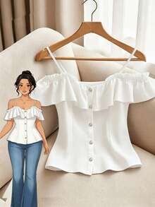 GlowEve CURVE Elegant Fashionable Ruffle Off-Shoulder Blouse For Plus Size Women - White - View 1
