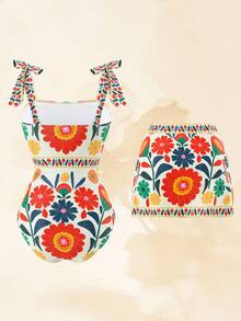 Swim Oasis 女款連身泳衣，黑色蝴蝶結與大花飾，不對稱裙擺，春夏秋冬時尚休閒度假高級兩件套 - 彩色 - 查看 2