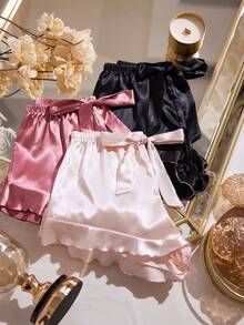 LuxeNights 3pcs/Set Satin Bow Tie Ruffle Hem Women's Loungewear Bottoms - Multicolor - View 2