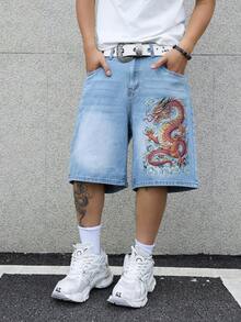 GENIUS ODE Men's Dragon Printed Wide Leg Denim Shorts, Holiday - Light Wash - View 3
