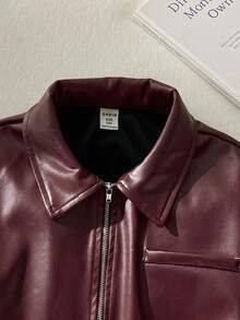 SHEIN Tween Girl 休閒街頭風翻領 PU 金屬拉鍊前開短版秋季夾克外套 黑色 - 紅色 - 查看 5
