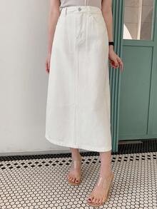 DAZY Solid Color Slit Pocket Women Straight Long Casual Denim Skirt Jeans Skirt - White - View 4