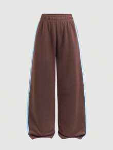 SHEIN Tween Girls Sweatpants Summer New Retro Brown Colorblock Webbing Patchwork Casual Loose Sweatpants - Brown - View 4