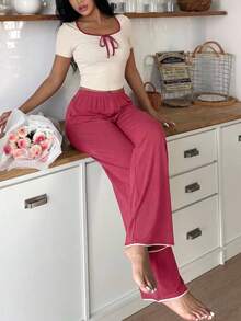 SweetSlumber Contrast Trim Y2K Women's Loungewear Set - Rose Red - View 3
