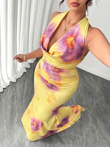 Elenzga Conjunto de 2 piezas de top con estampado floral de cuello de corbata elegante y falda maxi ajustada para mujer de talla grande - Amarillo - Ver 4