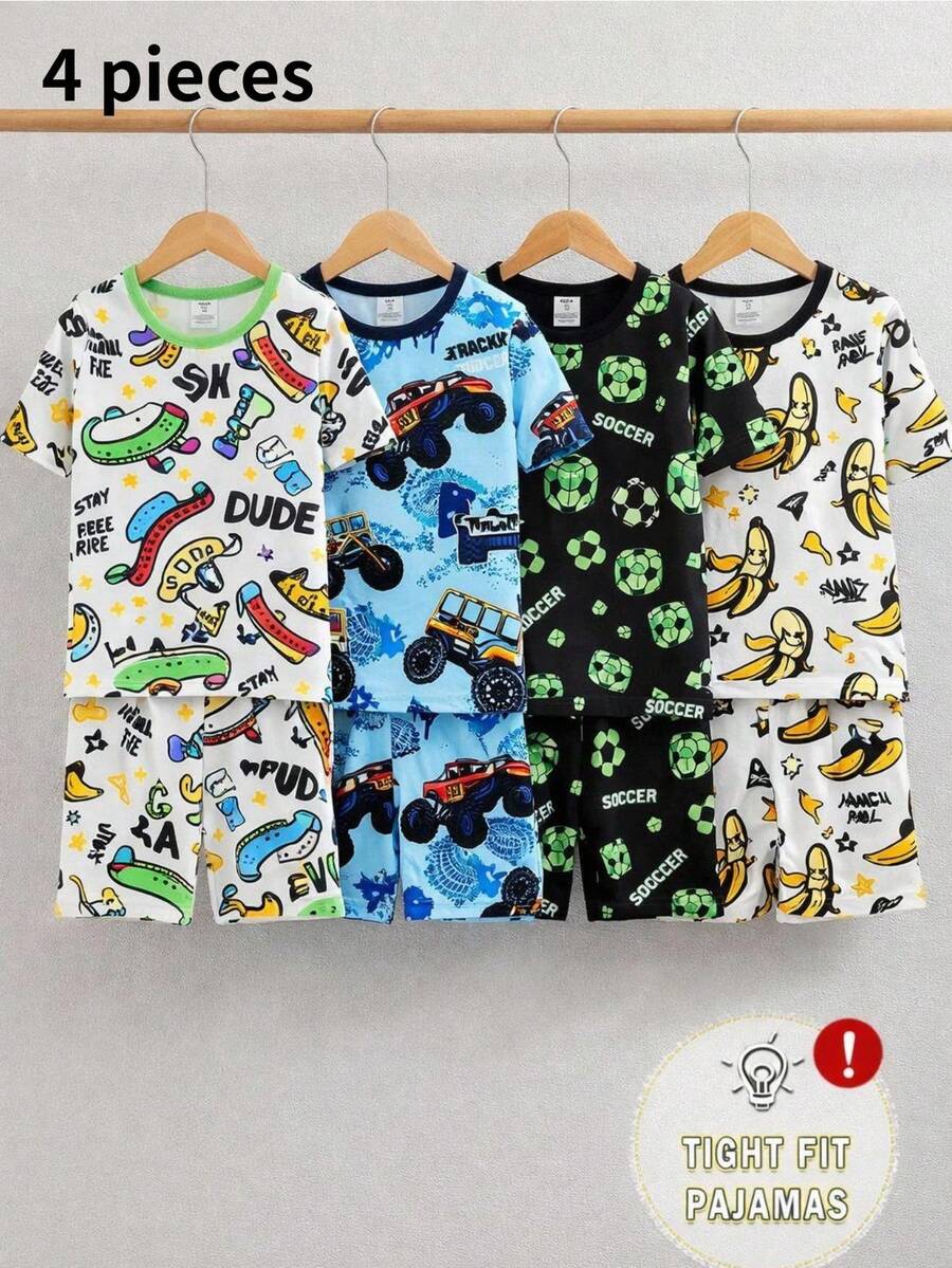 Set Piyama Musim Panas Anak Laki-Laki Motif Kartun Mobil Grafiti, Termasuk Atasan Lengan Pendek Leher Bulat + Celana Pendek, Pakaian Tidur Nyaman & Bernapas untuk Anak-Anak