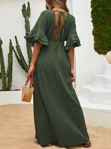 EURMUSE VCAY V Neck Ruffle Sleeve Slit Detailed Premium Summer Dress - Green - View 2