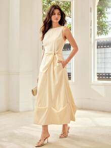 MOTF PREMIUM TWISTED KNOT SLEEVELESS ROUND NECK WAIST-DEFINING SLIMMING WOMEN'S TOP GARDEN PARTY VACATION BRUNCH DAY PARTY CREAM WHITE SUMMER MINIMALIST ELEGANT - Apricot - View 8